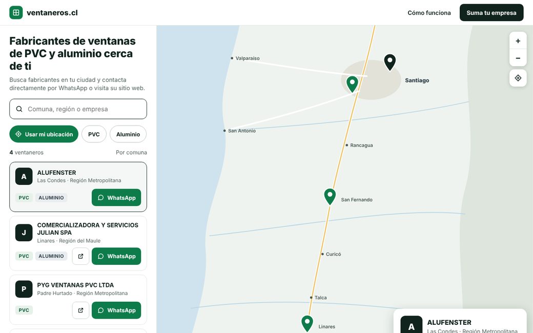 Vista de la propuesta Mapa primero: listado a la izquierda y mapa grande a la derecha