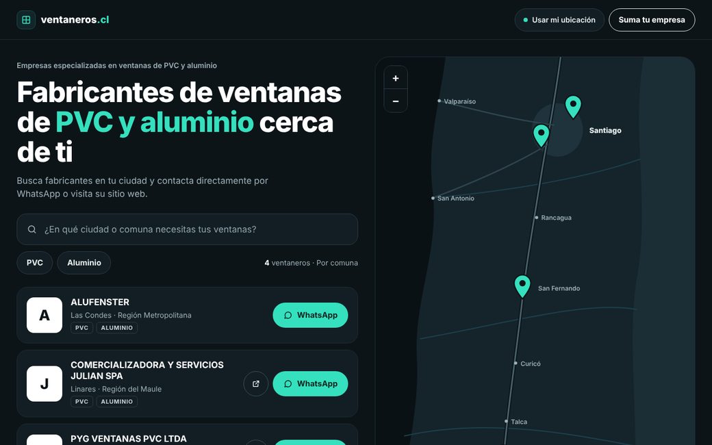 Vista de la propuesta Oscuro: fondo oscuro con acento menta y el mapa a la derecha